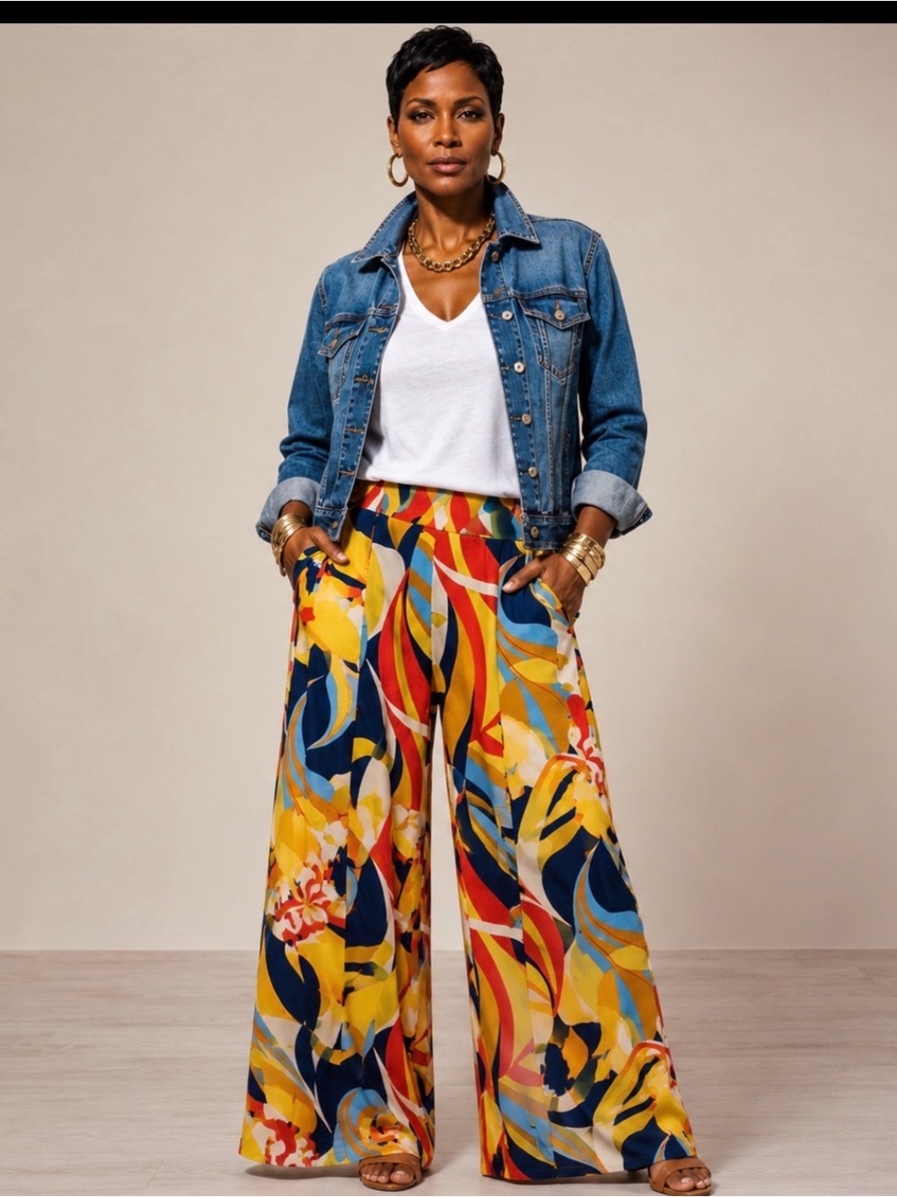 Easel Multicolor Abstract Wide-Leg Palazzo Pants